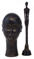 Lot 290 - Mali  bronze or brass head, also a standing figure in the manner of Giacometti, the figure measures 31cm high