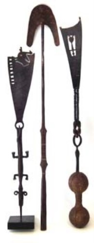 Lot 110 - Three iron currency weapons, the largest measures
