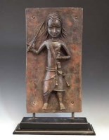 Lot 4 - Benin bronze plaque of a warrior, 51cm high