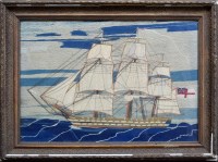 Lot 21 - Early 19th century needlework picture of a three-masted barque sailing ship