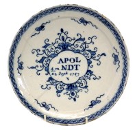 Lot 72 - Dutch Delft plate dated 1749, inscribed 'APOL NDT