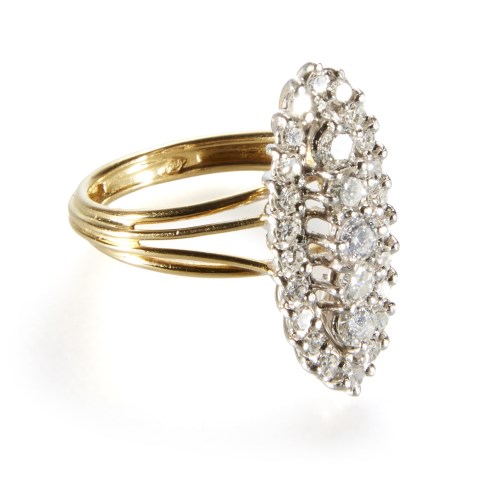 Lot 213 - 18ct gold diamond boat shaped cluster ring