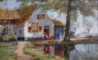 Lot 253 - H.J. Pauwels, Cottage with figures and a pond, oil on canvas.