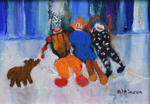 Lot 281 - Sue Atkinson, The Three Clowns, oil.