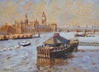 Lot 336 - Keith Gardner, Houses of Parliament from Lambeth, oil.