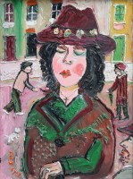 Lot 351 - Fred Yates, Portrait of a lady in the street with figures passing by, oil.