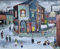 Lot 352 - Alan Tortice, Northern street scene with figures, oil.