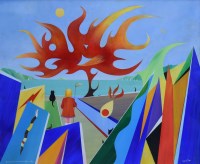 Lot 354 - David Wilde, Alice & Mickey find the Flame Tree at Aber, acrylic.