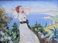 Lot 357 - M. Gallotti, 20th century, Lady overlooking an Italianate coastal view, oil.