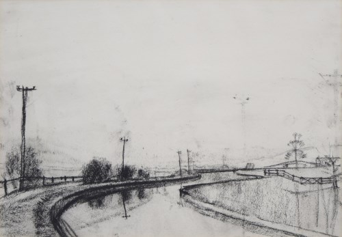 378 - Theodore Major, River with Telegraph Poles, charcoal drawing.
