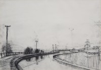 Lot 378 - Theodore Major, River with Telegraph Poles, charcoal drawing.