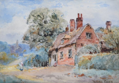 Lot 476 - Henry John Yeend King, Rural lane with figures and a cottage, watercolour.