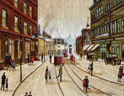 Lot 349 - Arthur Delaney, Street scene with figures and trams, oil.