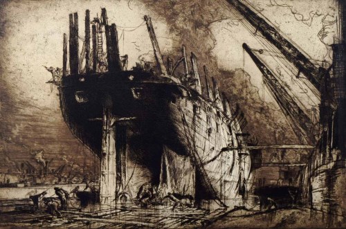 Lot 509 - Frank Brangwyn, Breaking up of the 'Duncan', signed etching.