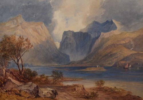 Lot 585 - Circle of A.V. Copley Fielding, A lake in a mountainous landscape, watercolour.