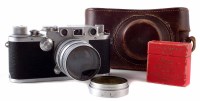 Lot 38 - Leica III F black dial with summarit lens, also an AGFA flash, two Wesson light meters, Leica case a light shade.