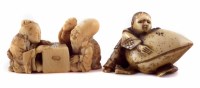 Lot 166 - 20th century Japanese ivory Netsuke carving of a boy with peach and one other two figures playing Go