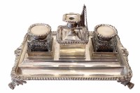 Lot 177 - Late Victorian/Early Edwardian silver inkstand, oblong base on four shell feet, shell and gadroon border, approx. 160mm x 240mm, complete with two cut