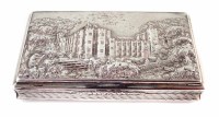 Lot 178 - Silver castle-top snuff box by Nathaniel Mills, cover chased with Kenilworth house, base and sides with engine turned decoration, inscription to base