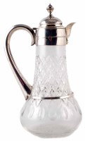 Lot 189 - Victorian cut glass claret jug with plain silver mount, marks for London, 1884, height approx. 28.5cm.