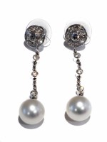 Lot 207 - 18ct white gold cultured pearl and diamond set drop earrings, round diamond studs comprising central diamond surrounded by 8 smaller milgrain set diam