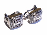 Lot 208 - 18ct white gold pave set diamond earrings, rounded rectangular earrings set with brilliant cut diamonds, stamped 750, omega back fastenings, gross wei
