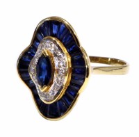 Lot 213 - 18ct yellow gold sapphire and diamond ring, marquise and tapered baguette sapphires, brilliant cut diamonds, French hallmarks to shank, total weight a