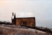 Lot 242 - Peter Brook, Bell House - A Sprinkling Of Snow One Morning Before The Barn Fell Down One Night, oil.