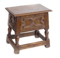 Lot 387 - 20th century Jacobean design oak box stool.