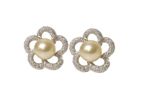 Lot 48 - Pair of cultured pearl and diamond set 18ct white gold cluster earrings