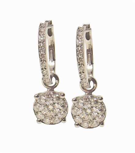 Lot 44 - Pair of 18ct white gold diamond cluster drop earrings