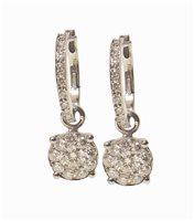 Lot 44 - Pair of 18ct white gold diamond cluster drop earrings