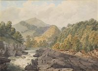 Lot 311 - English School, 18th century, "A River in North Wales" with fishermen, watercolour.