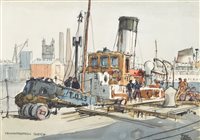 Lot 287 - Harry Hudson Rodmell, "Dock Scene, Hull", watercolour.