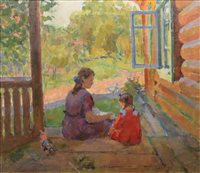 Lot 257 - Russian School, 20th century, Figures seated on a porch, oil.