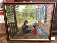 Lot 257 - Russian School, 20th century, Figures seated on a porch, oil.