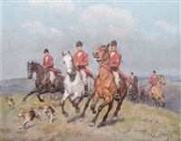 Lot 228 - Janus Viski, "Huntsmen and Hounds", oil on canvas.