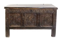 Lot 411 - 17th century oak marriage chest.