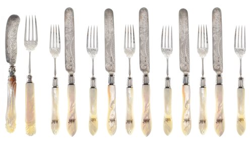 Lot 34 - A set of silver and mother of pearl knives and forks
