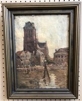 Lot 595 - Cornelis Jan Mension, River view with cathedral, oil.
