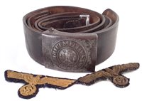 Lot 35 - German WW2 Third Reich belt together with two patches (brought back by James Hickie Pioneer Corps during the liberation of Guernsey)
