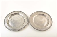 Lot 34 - Two 18th century pewter chargers. With unidentified touch marks to rim. 42 and 43cm diameter.