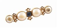 Lot 34 - Victorian pearl, sapphire and diamond bar brooch