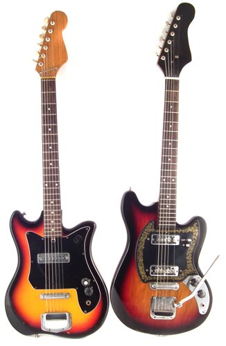 Lot 101 - Kay E-100 electric guitar, serial number 706251, also a Teisco electric guitar, both finished in sunburst, 100cm overall length.