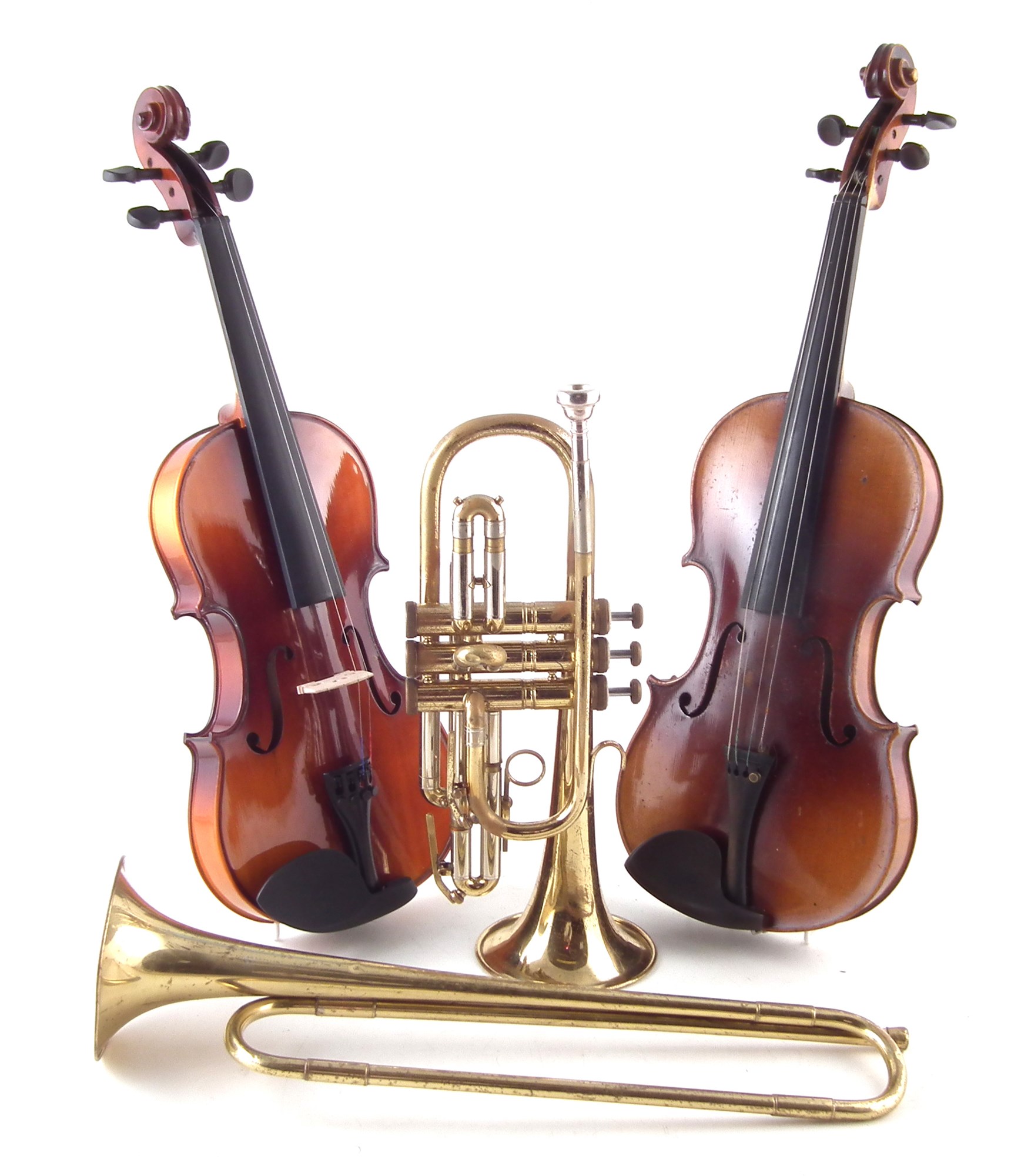 Lot 12 - Two cased violins and a cased trumpet and one