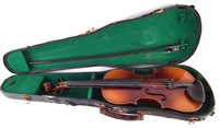 Lot 12 - Two cased violins and a cased trumpet and one other.