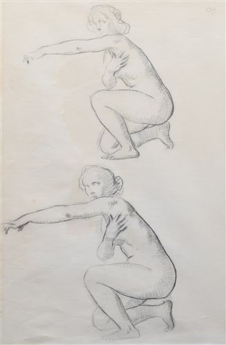 Lot 588 - P.A. Valette, Studies of kneeling female nudes, charcoal.