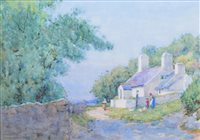Lot 301 - Willie Stephenson, Rural lane with cottage and figures, watercolour.