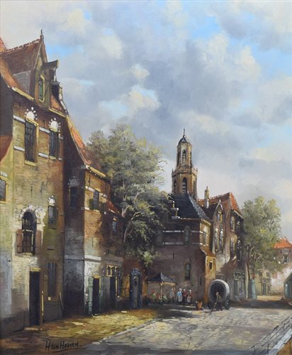Lot 491 - H. Len Hoeven, Dutch street scene, oil.