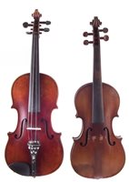 Lot 8 - Conservatory violin and one other with two cases and three bows.
